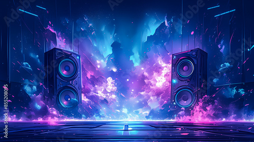 Abstract Background with Floating Speakers and Vibrant Cosmic Splashes