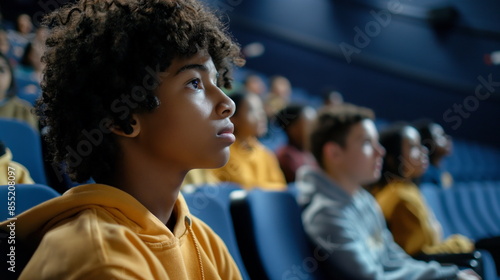 Group of teenagers watch a movie in a theater. Teens are all looking forward, with their faces turned away from camera