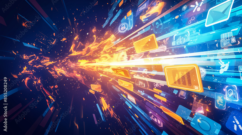Fiery Abstract Digital Elements and Technology Icons in Motion Fiery Abstract Digital Elements and Technology Icons in Motion
