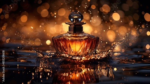 Luxury Perfume Bottle Splashing in Golden Lights