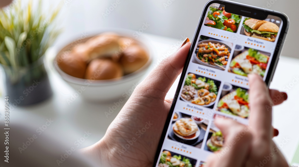 Fototapeta Person using smartphone to browse online food delivery app, selecting meal. Modern technology, convenience, and lifestyle concept.