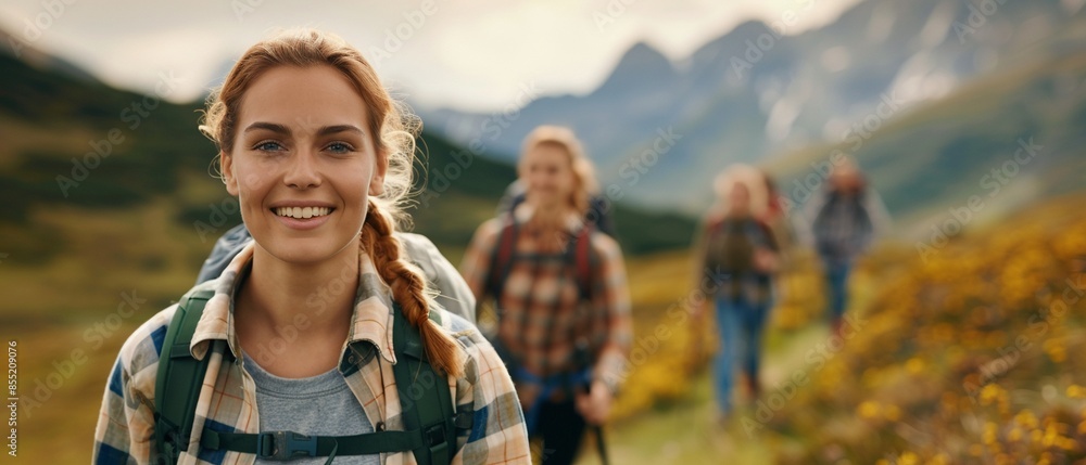 Group of friends hiking through a sunny mountainous area, front woman with trekking poles, cheerful expressions, natural beauty and outdoor excitement, vivid and warm Group of friends hiking through a sunny mountainous area, front woman with trekking poles, cheerful expressions, natural beauty and outdoor excitement, vivid and warm