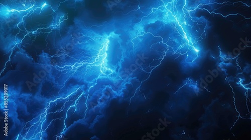 A dramatic scene with a bunch of lightning striking through a dark and cloudy sky