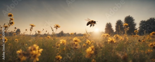 Bee macroshot with meadow and sunset in background. Extremely detailed and realistic high resolution illustration photo