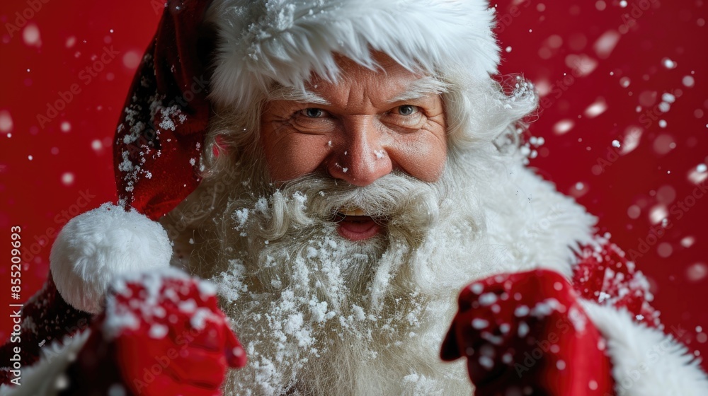 A person dressed as Santa Claus with a red suit and white fur trim, suitable for Christmas or holiday celebrations A person dressed as Santa Claus with a red suit and white fur trim, suitable for Christmas or holiday celebrations