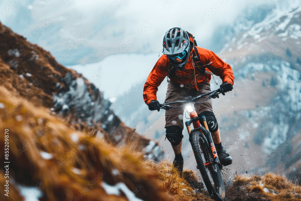 A man in an orange jacket is riding a mountain bike down a snowy hill A man in an orange jacket is riding a mountain bike down a snowy hill
