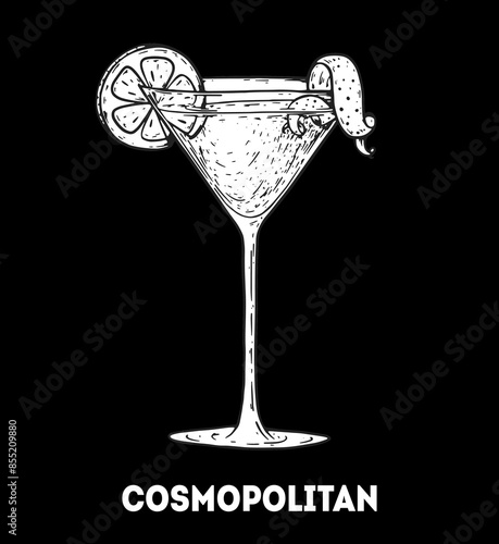 Cosmopolitan cocktail illustration. Hand drawn sketch. Vector illustration. Isolated object.