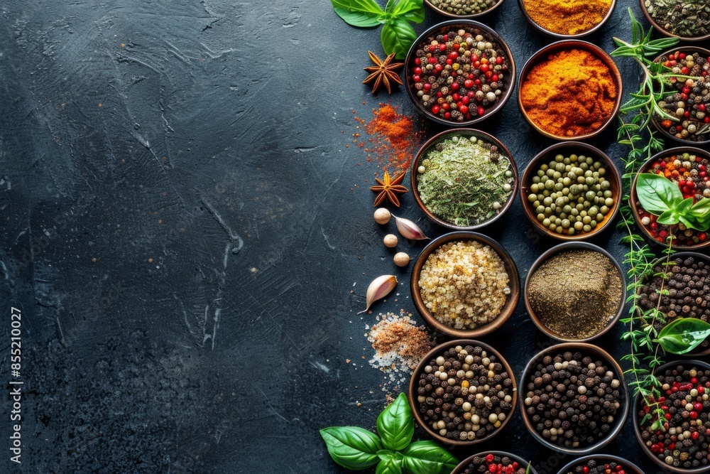 Set of spices and herbs on a dark background for cooking flat lay Set of spices and herbs on a dark background for cooking flat lay