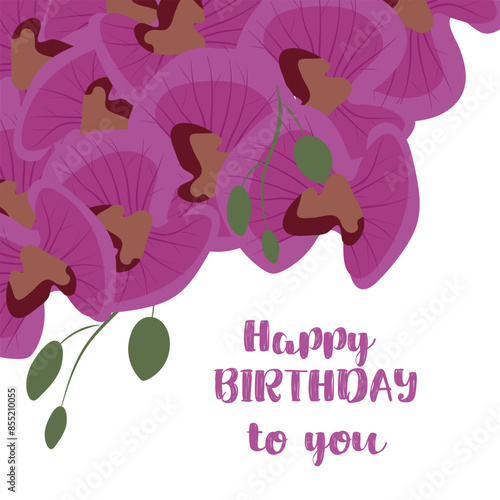 Orchids. Pink flowers with birthday greetings. For postcards, banners, social media, blogging, poster, background, flower tag or gift.