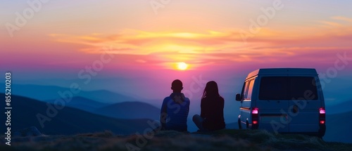 Partners sitting in a van s open back, admiring a sunset over mountain peaks, capturing the essence of van life and natures beauty, intimate and peaceful