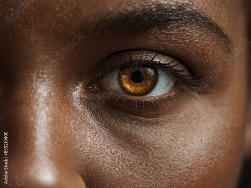 Close up image of the left eye of a dark-skinned woman with brown iris.