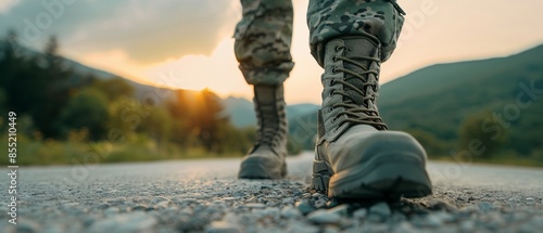 Soldiers in camouflage uniforms marching on a road, focus on their boots and uniformity, mountainous background, capturing discipline and military cohesion, warm lighting photo