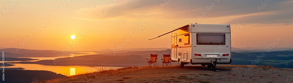 Obraz premium RV with an extended awning and chairs on a sunlit hilltop, overlooking a lake at sunset, capturing the tranquility of a camping lifestyle, warm and inviting
