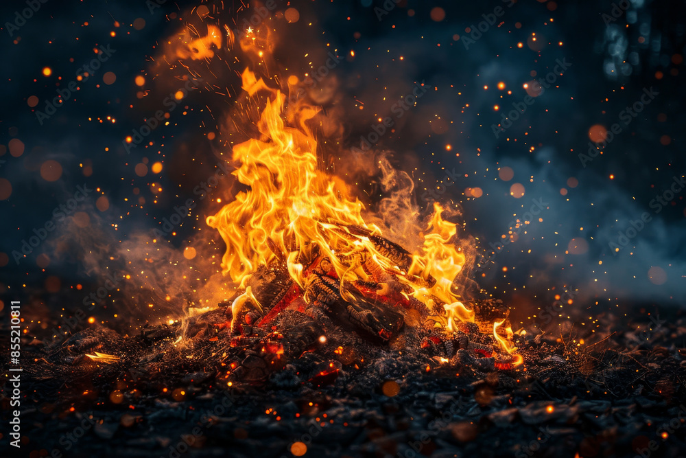 A fire is burning in a pile of wood A fire is burning in a pile of wood