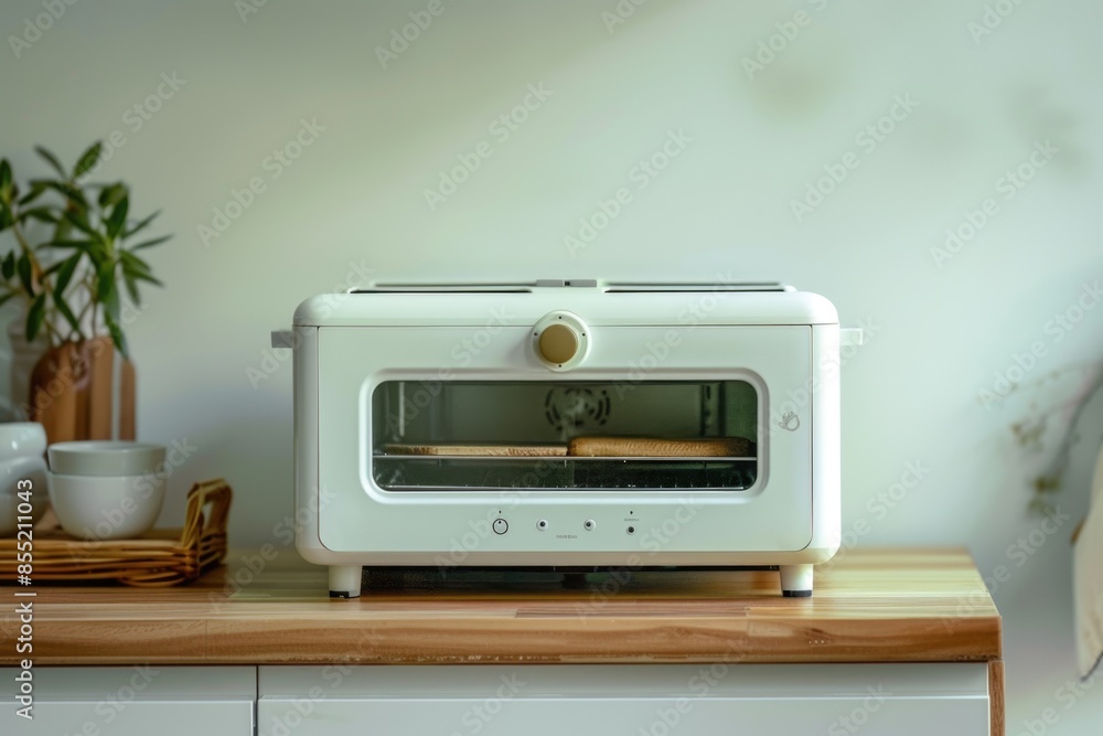 Obraz premium A toaster oven placed on a wooden counter, ready for use