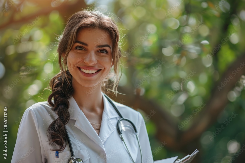 Smiling female doctor with clipboard. Copy space for text Smiling female doctor with clipboard. Copy space for text