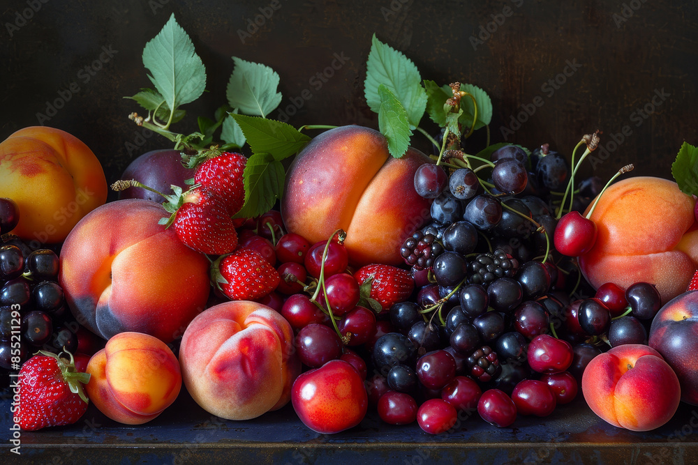 A table full of fruit including peaches, plums, and cherries A table full of fruit including peaches, plums, and cherries