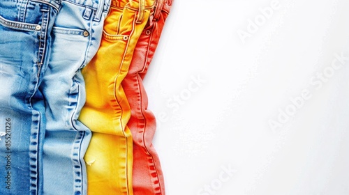 Multicolored jeans pants on white background with empty space Studio photo photo