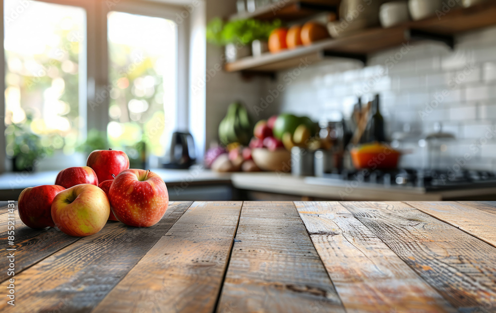 Fresh fruits on the table against a blurred kitchen background Fresh fruits on the table against a blurred kitchen background