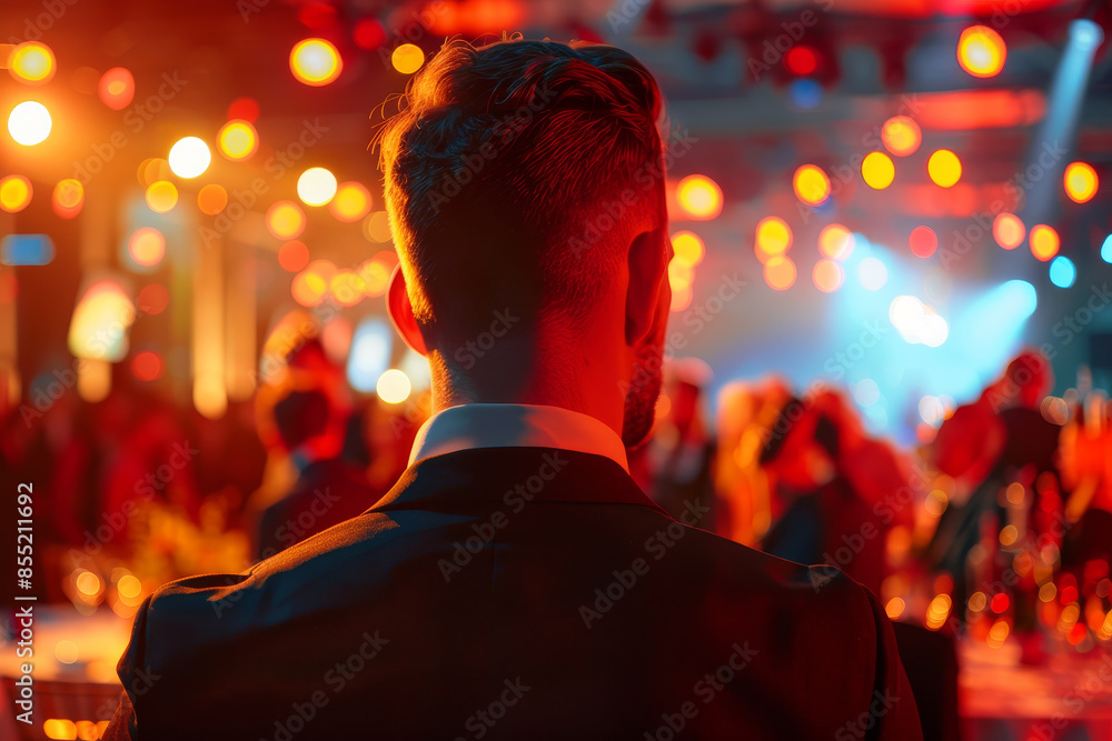 A man in a suit is standing in a crowded room with people around him A man in a suit is standing in a crowded room with people around him