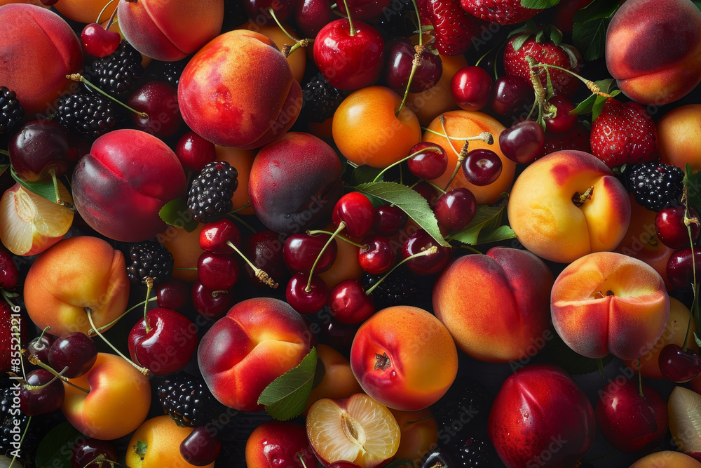A close up of a variety of fruits including cherries, peaches, and oranges A close up of a variety of fruits including cherries, peaches, and oranges