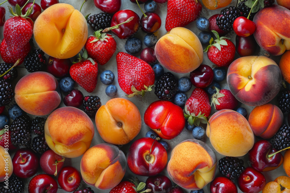 A close up of a variety of fruits including strawberries, blueberries A close up of a variety of fruits including strawberries, blueberries