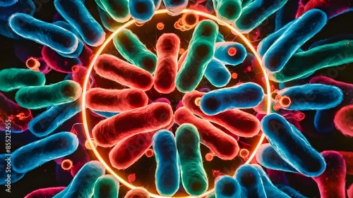 A close-up of a bunch of bacteria, a microscope view of bacteria flowing, and genareted AI. photo