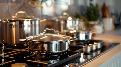 Modern kitchen with shiny stainless steel cookware on a gas stove. Pots and pans ready for cooking delicious meals. Home cooking concept with a contemporary style showcasing the cookware. AI