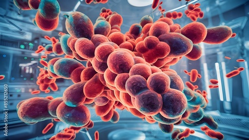 A close-up of a bunch of bacteria, a microscope view of bacteria flowing, and genareted AI. photo