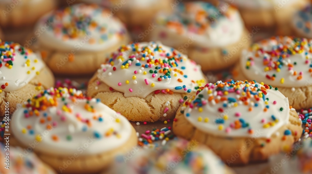 A close-up shot of a tray of colorful cookies with creamy frosting and sprinkles A close-up shot of a tray of colorful cookies with creamy frosting and sprinkles