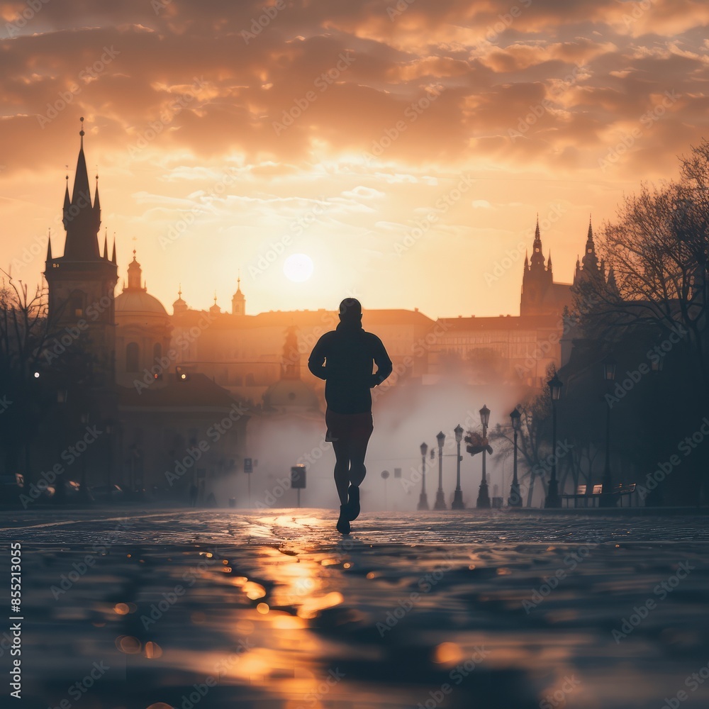 Fototapeta premium Silhouette of muscular man going for a run in shorts and hoodie at misty sunrise in the city center Job ID: c6e24124-15dc-4f58-8a6f-4e9ceff78455