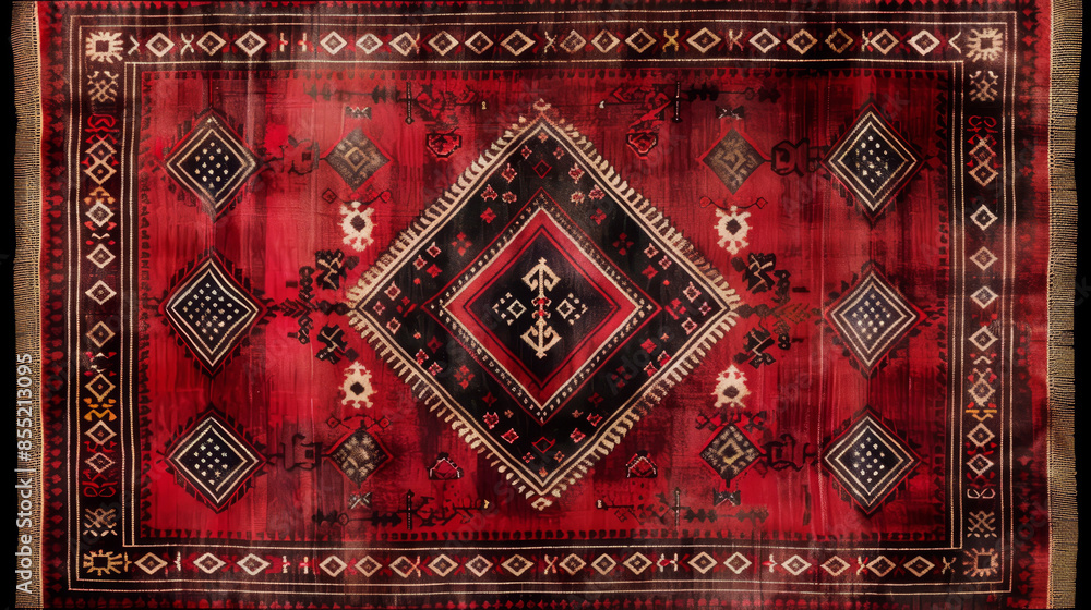 A red and black rug with a diamond pattern A red and black rug with a diamond pattern