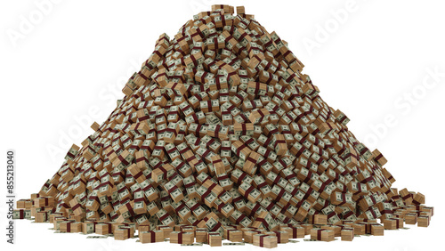 Huge pile of money, dollar stacks on pile isolated on transparent background.