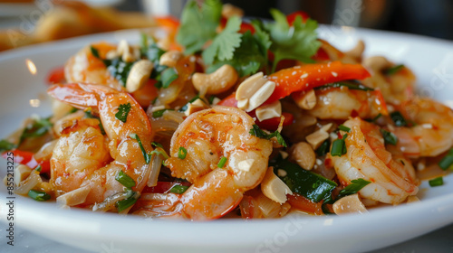 A plate of shrimp and vegetables with peanuts