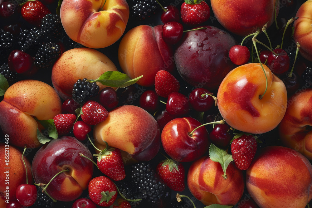 A close up of a variety of fruits including apples, cherries, and strawberries A close up of a variety of fruits including apples, cherries, and strawberries