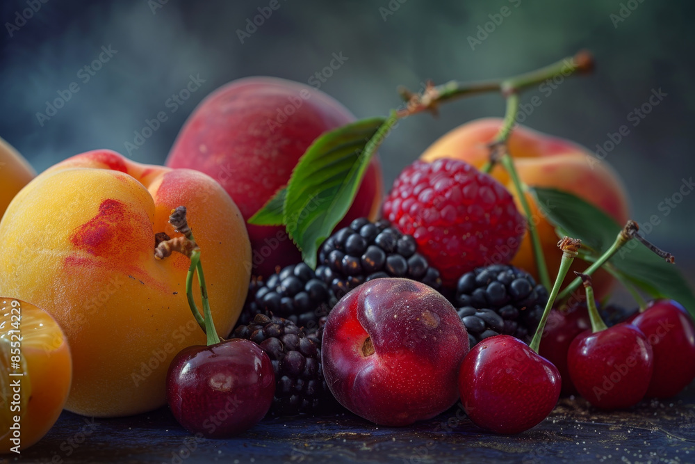 A variety of fruits including cherries, plums A variety of fruits including cherries, plums