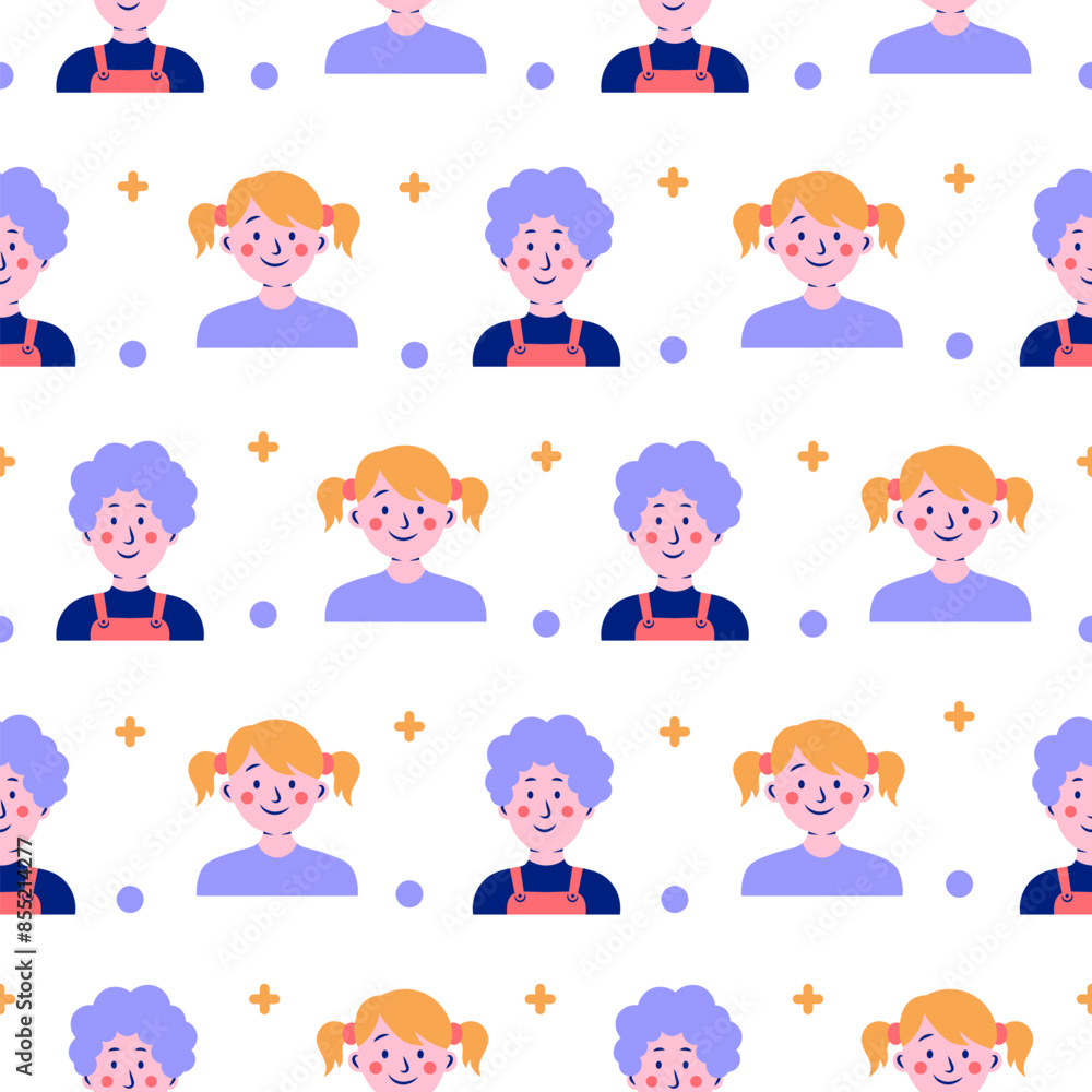 Kids different user profile. Seamless pattern. Pretty girl and boy. Young people. Vector drawing. Design ornaments. Kids different user profile. Seamless pattern. Pretty girl and boy. Young people. Vector drawing. Design ornaments.