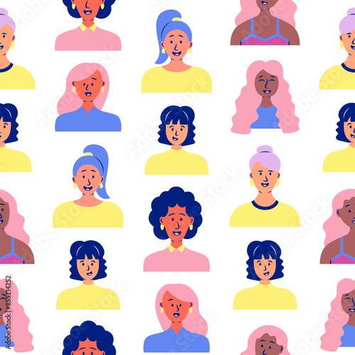 Women avatars. Seamless pattern. Portrait of casual female with different hairstyles and outfits. User profiles. Hand drawn style. Vector drawing. Design ornaments.