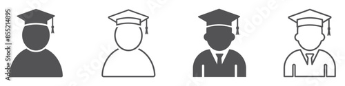 Set of students icons. Graduate icon, graduated student symbol. Graduate student boy in square hat or graduation academic wear. Vector illustration.
