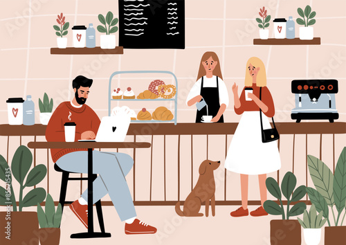 Dog Friendly Coffee Shop Posters. Cozy cafe scenes with people enjoying coffee, tea, working, relaxing in the coffeehouse vector illustration. Barista serve drinks. Dog lovers in beanery card