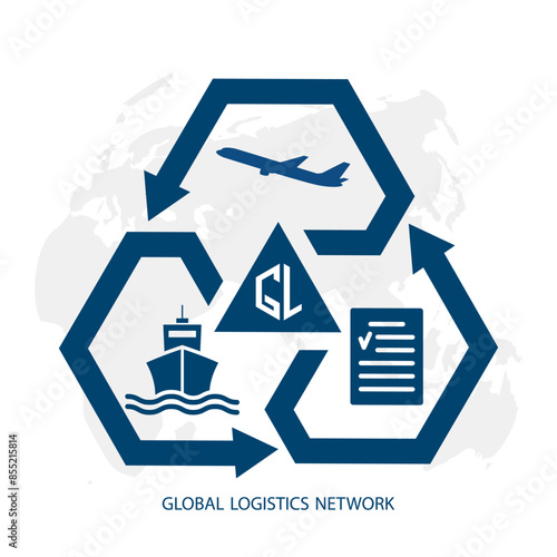 Global logistics network. Map global logistics partnership connection in blue.  White similar world map and logistics icons for your design. EPS10.