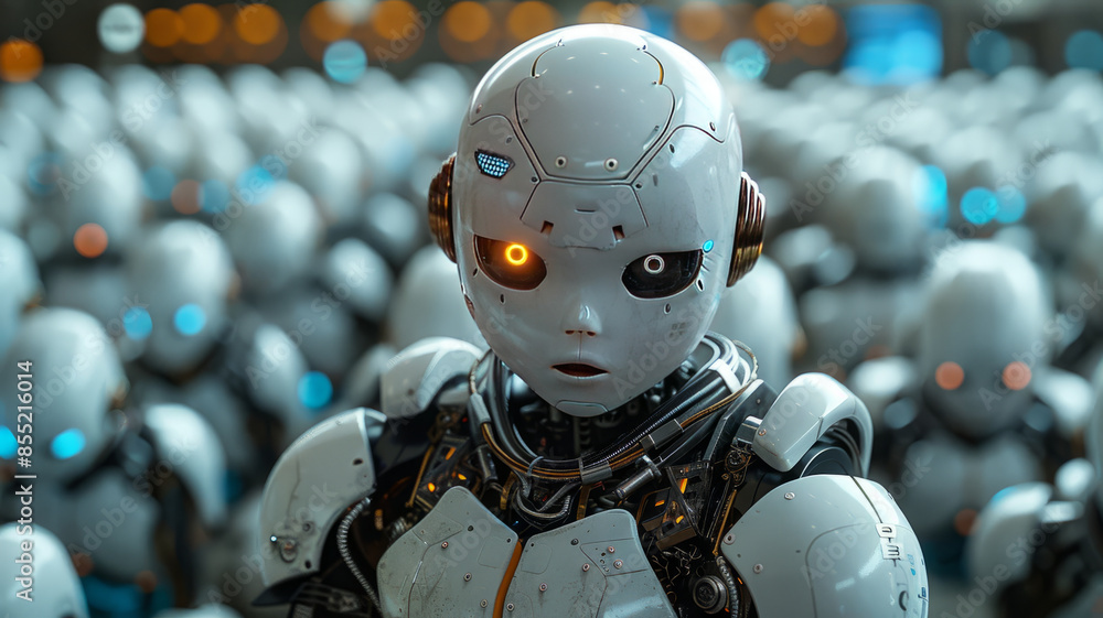 A futuristic classroom: robotic students, one puzzled human.generative ai A futuristic classroom: robotic students, one puzzled human.generative ai