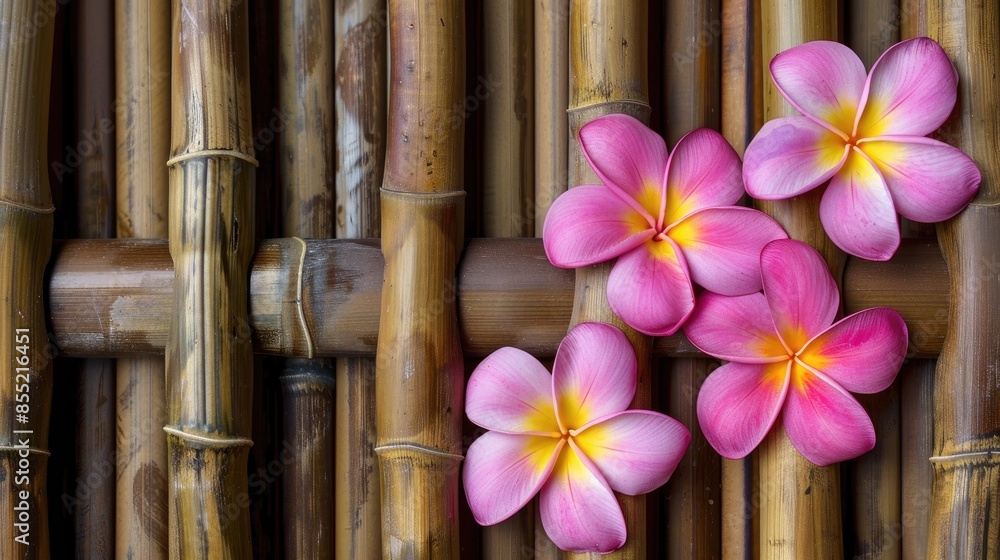 Pink frangipani blossoms set on bamboo in a tropical setting Pink frangipani blossoms set on bamboo in a tropical setting