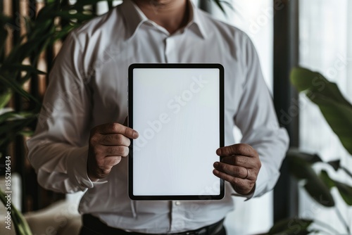 A businessman holds a mockup. iPad digital tablet with blank screen Mockup replaces your design mockup in the office.closeup