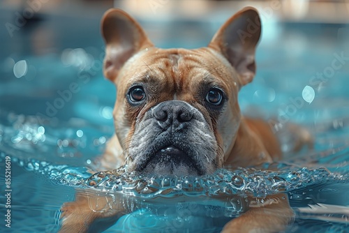 French bulldog swimming in a pool, close-up shot with blue water background, perfect for pet care or summer themes.