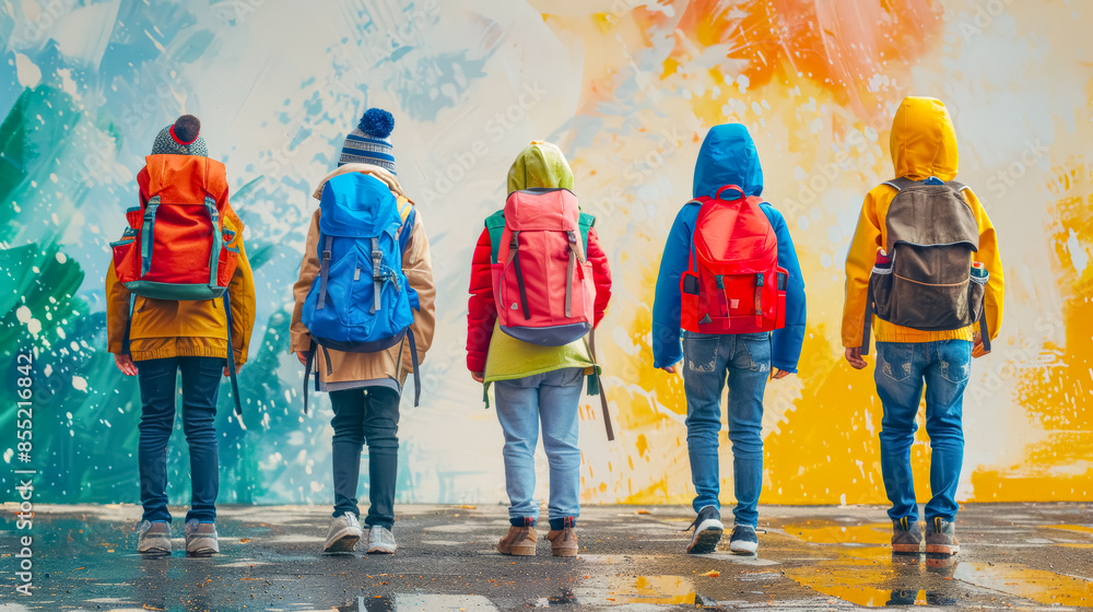 Children with backpacks go to school