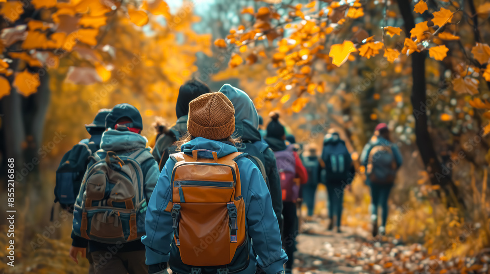 A large group of children with backpacks goes to school on a sunny autumn day A large group of children with backpacks goes to school on a sunny autumn day