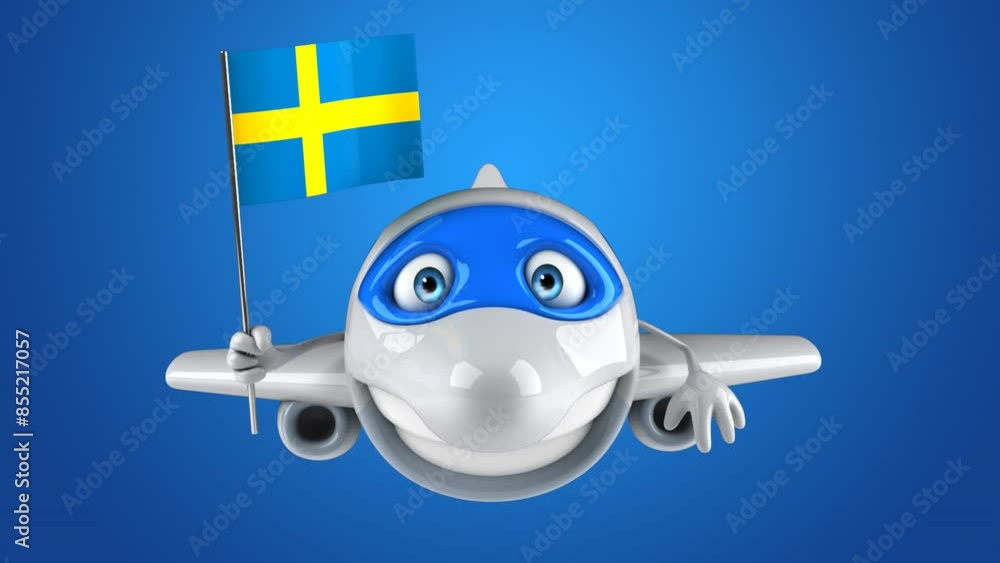 Fun 3D cartoon plane character with a swedish flag