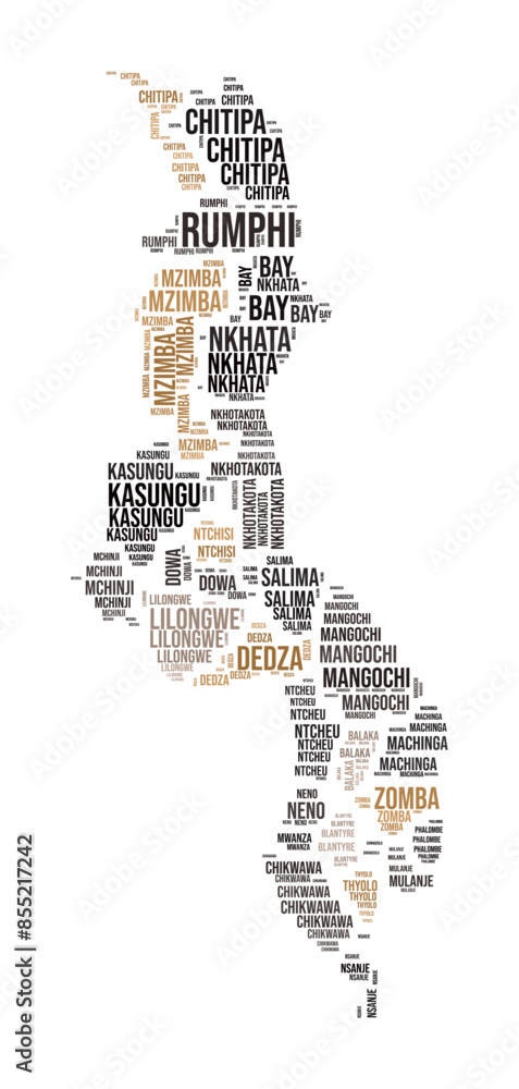 Malawi Word Cloud. Country shape with region division. Malawi typography style image. Region names tag clouds. Vector illustration. Malawi Word Cloud. Country shape with region division. Malawi typography style image. Region names tag clouds. Vector illustration.