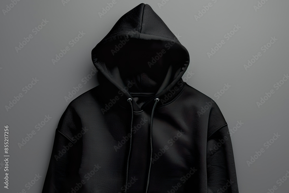 A black hoodie is displayed on a white background A black hoodie is displayed on a white background